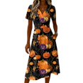 thumbnail image 4 of Halloween Costume Dresses for Women Short Sleeve V-Neck Halloween Print Casual Dress for Halloween Parties, Cosplay, Trick or Treat Orange B 3XL, 4 of 5