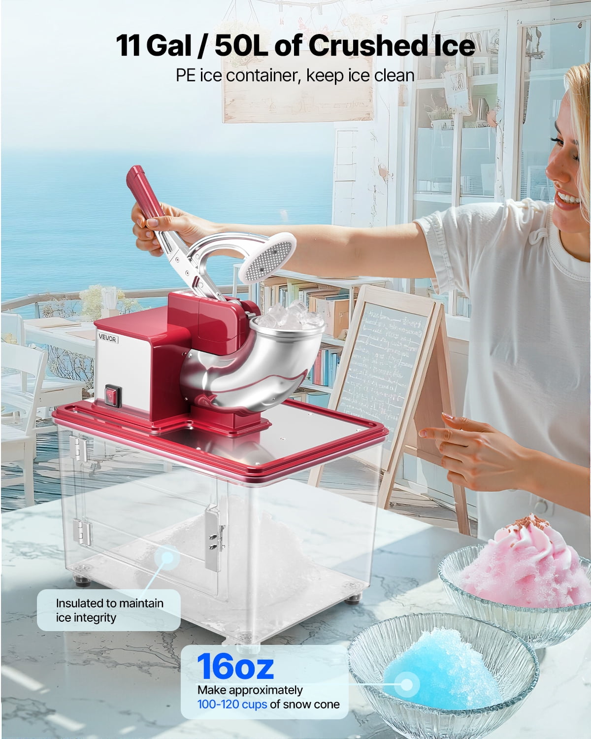 VEVOR Commercial Ice Crusher 661LBS/H, 350W Electric Snow Cone Machine with 4 Blades, 2000RPM Stainless Steel Shaved Ice Machine with 11 Gal Crushed-Ice Box