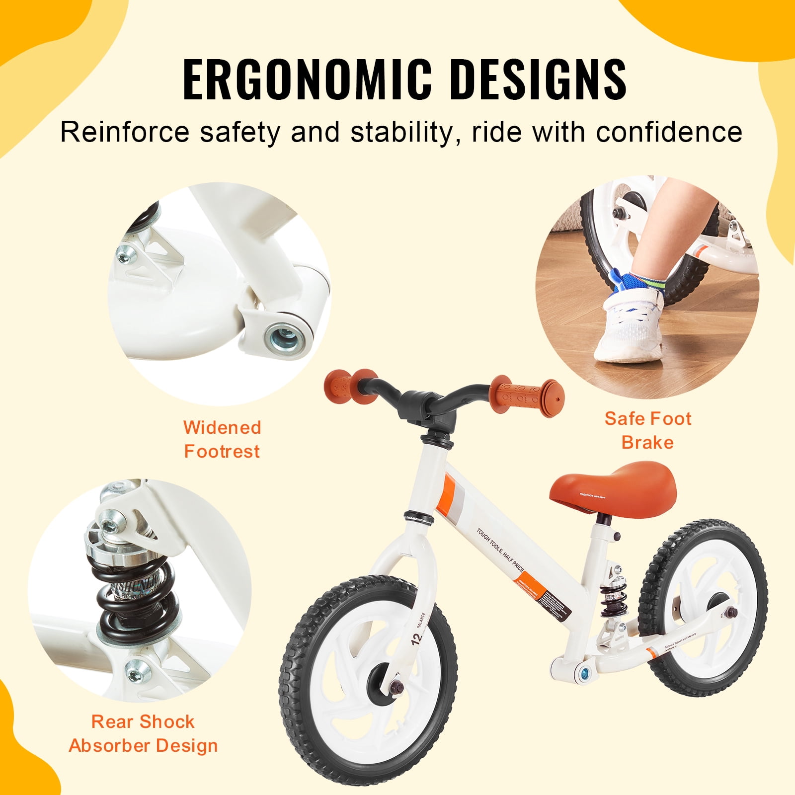 SKYSHALO Children's Balance Bike, 12" Durable Carbon Steel Frame, Adjustable Seat & Handle, EVA Foam Wheels, Pedal-less Training Bicycle for Kids Aged 1-5, Supports up to 55 lbs