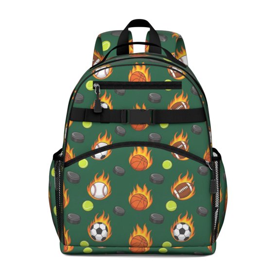Football and Tennisball Green Pattern Cute School Backpack Bag for School with Padded Back and Adjustable Shoulder Straps 15.25"x11.5"x5.25"