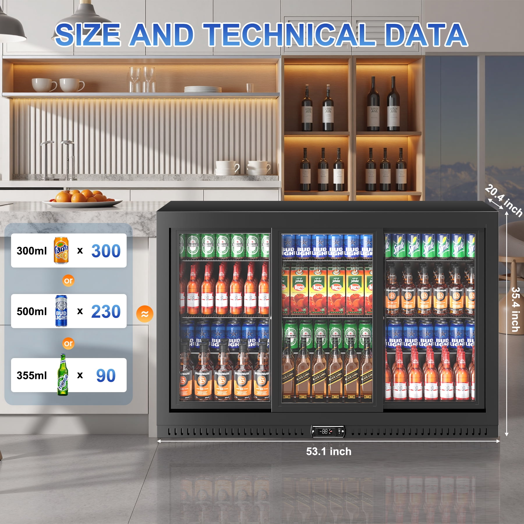 Amerikit Back Bar Cooler with 3 Glass Sliding Doors, 12.3 cu.ft Under Counter Height Beverage Refrigerator for Beer, Wine, Soda, Drinks, ETL Approved