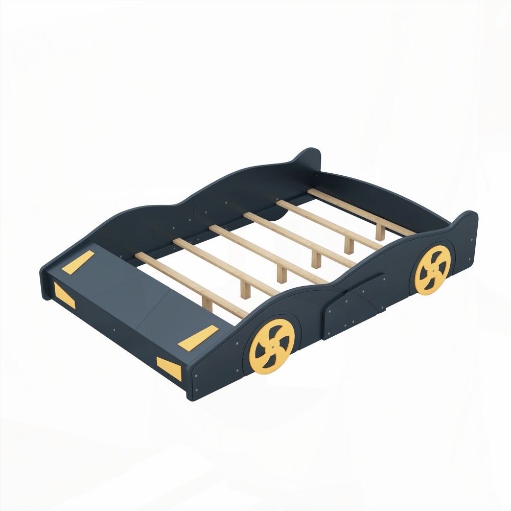Full Size Race Car Bed with Storage & Wheels - Dark Blue+Yellow
