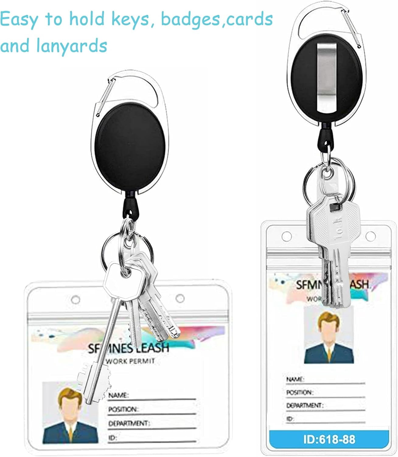 20 Pack Retractable Badge Holder with Carabiner Reel Clip, Bulk ID Card Key Holder with Ring, Heavy Duty Black Key Chain Extender for Office Work Employee