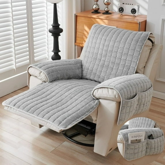 Mictong single recliner sofa cover with pocket, armchair cover, plush sofa cover, anti slip lazy chair cover, suitable for home decoration, Grey, 1 piece