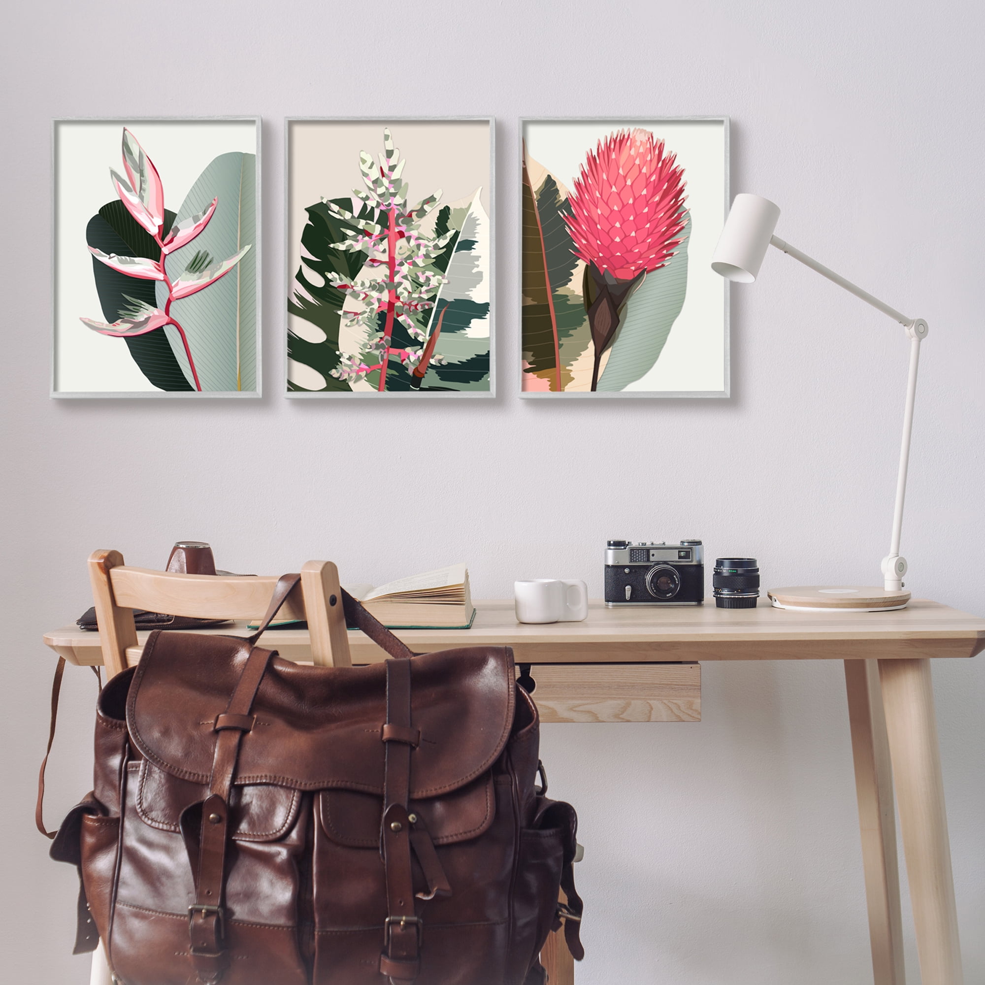 Stupell Industries Modern Tropical Plants Botanical & Floral Painting Gray Framed Art Print Wall Art, 16 x 20, Set of 3
