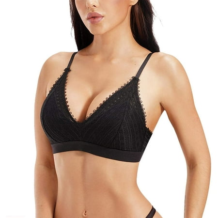 

Nebility Women Lace Bralette Padded Wireless Bra Plunge Deep V Neck Crop Top T-Shirt Halter Bra(Black Large)