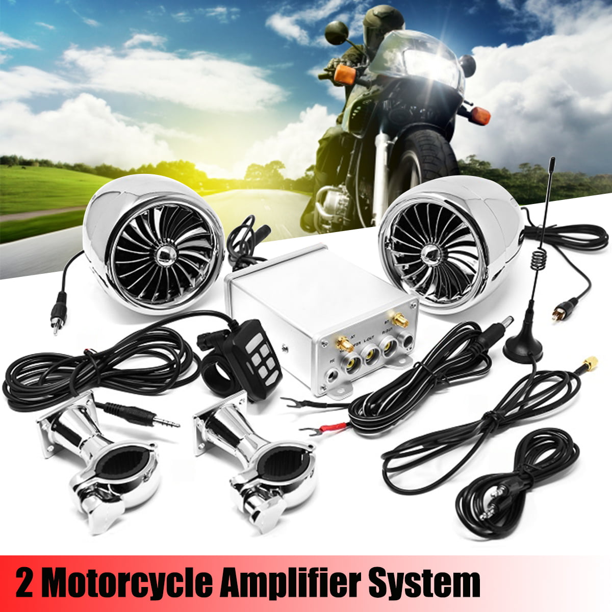 2X 15W 12V Chrome Motorcycle Handlebar Mount ATV Audio Stereo Speakers Amplifier 