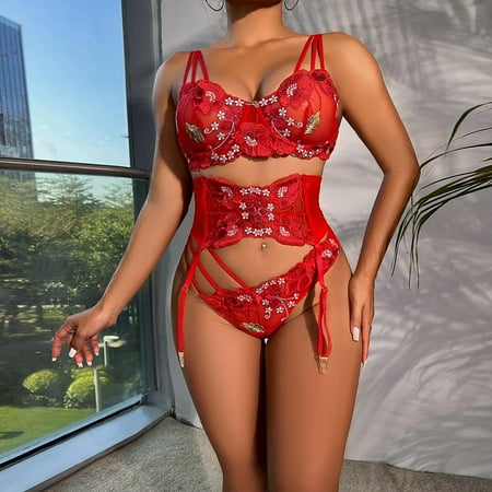 

Fengqque Women s Erotic Lingerie 3-Piece Set Splicing Personality Lace Sexy Set