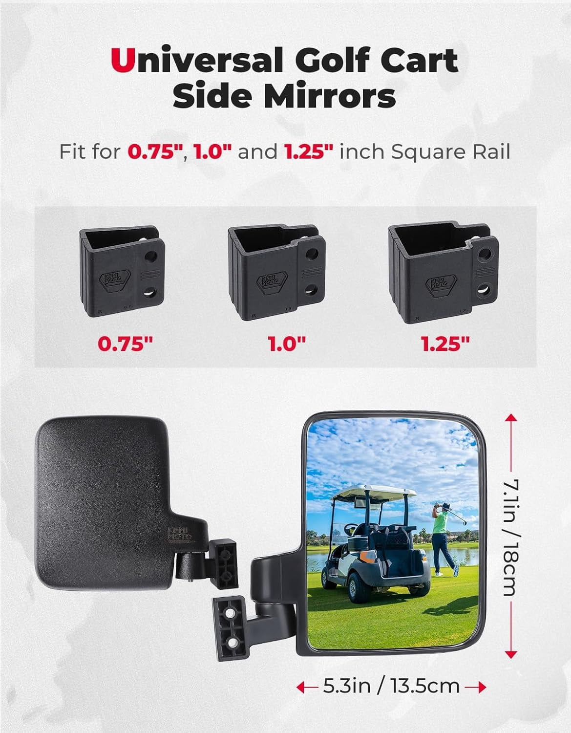 KEMIMOTO No Drilling Golf Cart Side Mirrors, Universal Rear View Mirror for 0.75"-1.25" Square Rail, Folding Design
