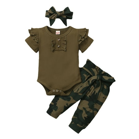 

Baby Pants Outfits Infant Girls Clothes Letter Print Romper Top Army Green Floral Pants Set 3-6 Months