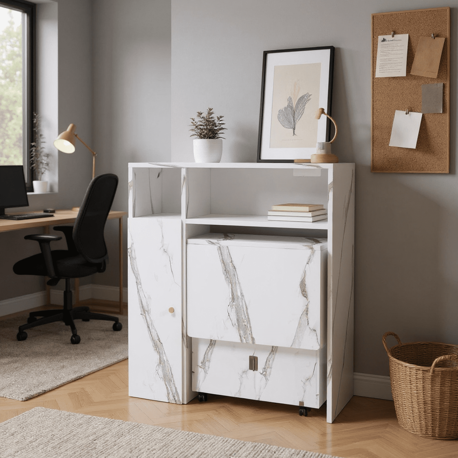 Homy Casa Entryway Console Table with Storage, Folding Design, Faux Marble Finish, White