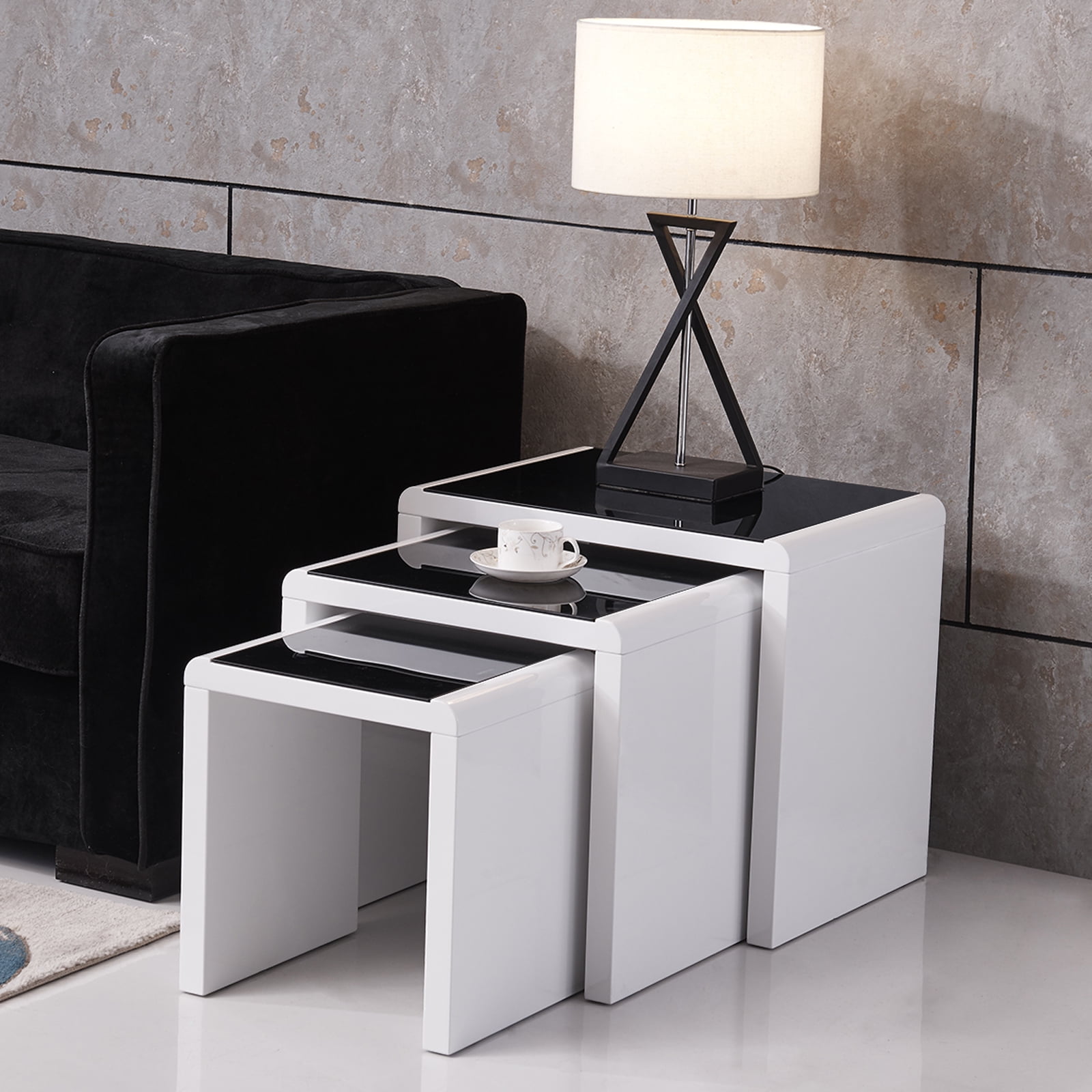 Modern Nest of 3 Coffee Table Side End Table High Gloss White Black