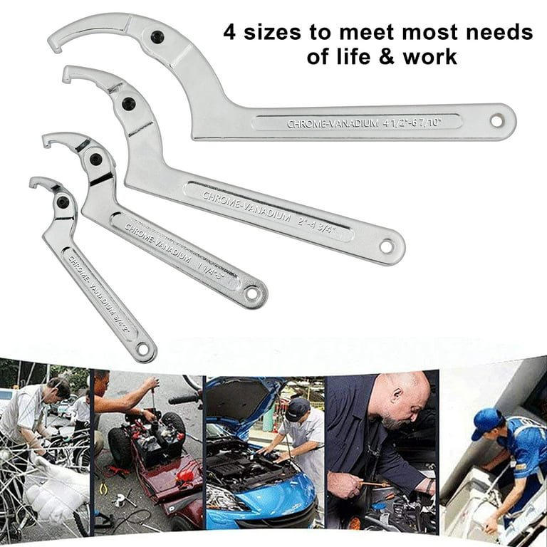 Adjustable C Pin Spanner Hook Wrench Chrome Vanadium Include 3/4-2, 1  1/4-3, 2-4 3/4, 4 1/2-6 7/10 for Vehicles Mechanical Equipments Tighten  Lock Nuts and Bearings，4 Pcs Spanner Wrench Set 