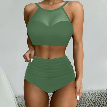 IDALL Bikini Sets for Women Bathing Suit 2025 New Bikini Women s Split Swimsuit Solid Color Mesh Splicing Swimsuit Womens Swimsuits Swim Suits for Women 2025 Green S