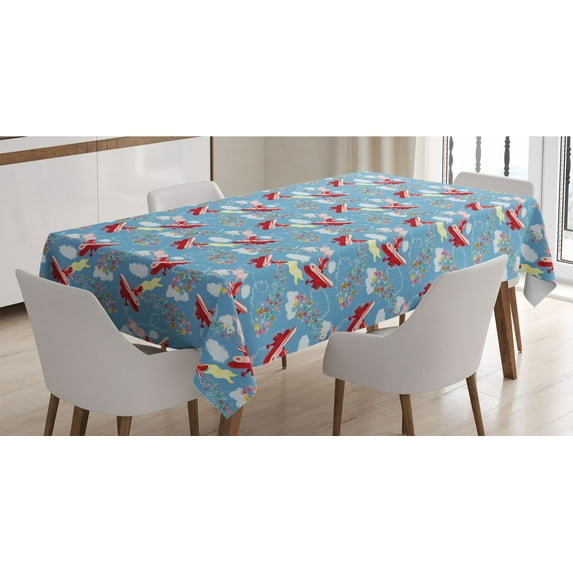 Airplane Tablecloth, Retro Biplanes with Pennants Throwing Present Boxes Announcement Celebration Art, Rectangle Satin Table Cover for Dining Room and Kitchen, 60" X 90", Multicolor, by Ambesonne
