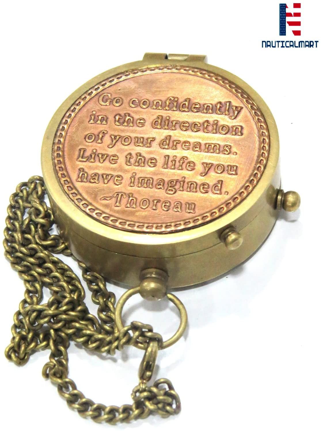 Go Confidently Quote Engraved Brass Compass with Stamped Leather case Thoreau's 