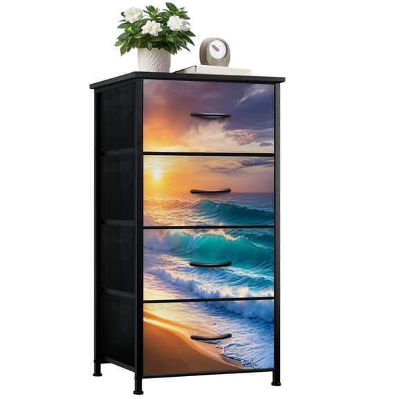Beach Dresser for Bedroom with 4 Storage Drawers Ocean Blue Wave Coastal Beach Gold Sun Waves Sunset Beach Sky Dressers Chest of Drawers Steel Framed Fabric Closet Organizers for Entryway
