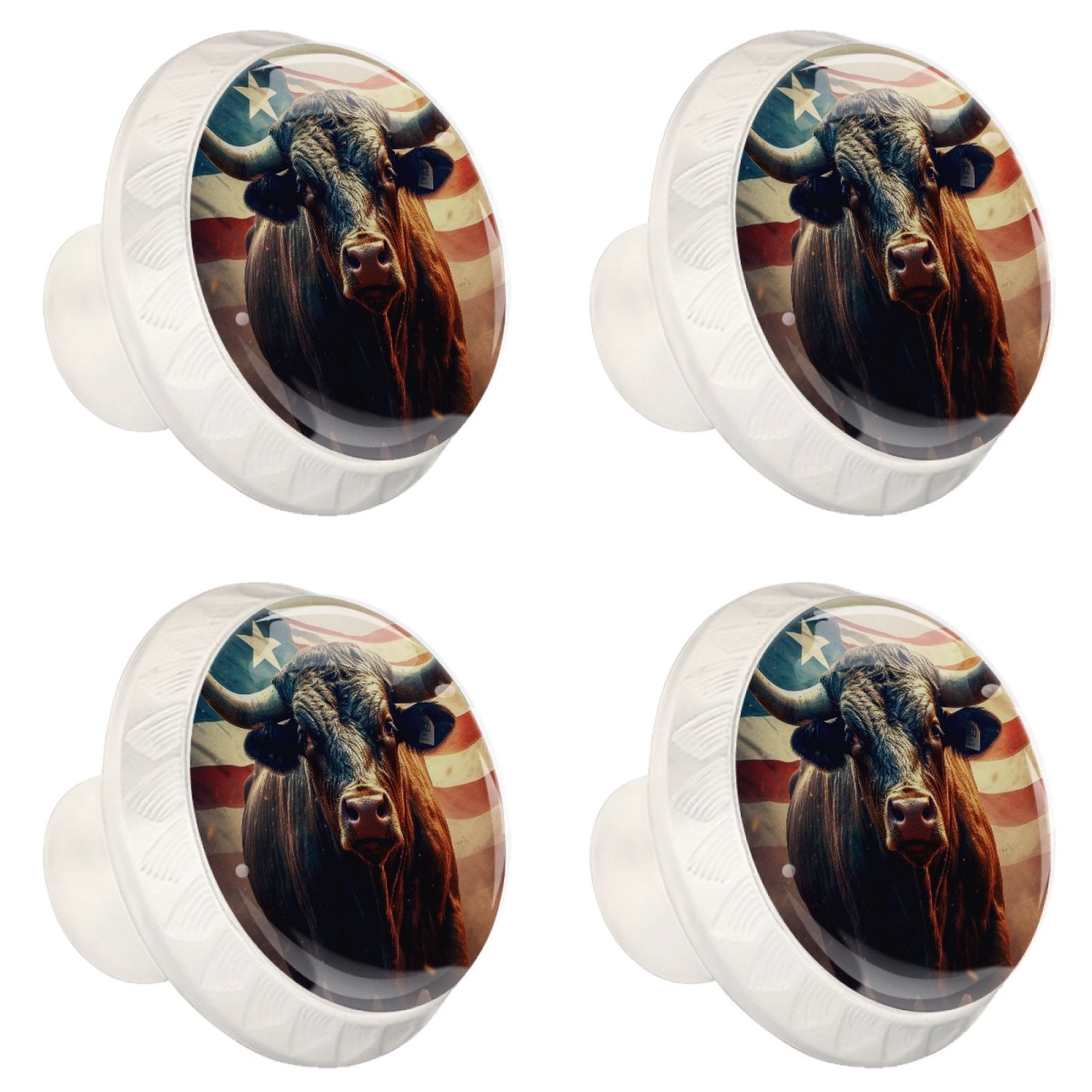 4 Pcs Cow American Flag Knobs for Kitchen Cabinet Cupboard Dresser Bookcase Drawer Pulls Handles Round Home Decor