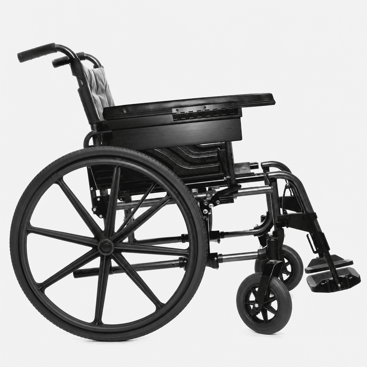 Premium Flip Down Padded Wheelchair Half Lap Tray with Recessed Molded Cup Holder. Right Side.  Color, Classic Black.  Made in the USA.