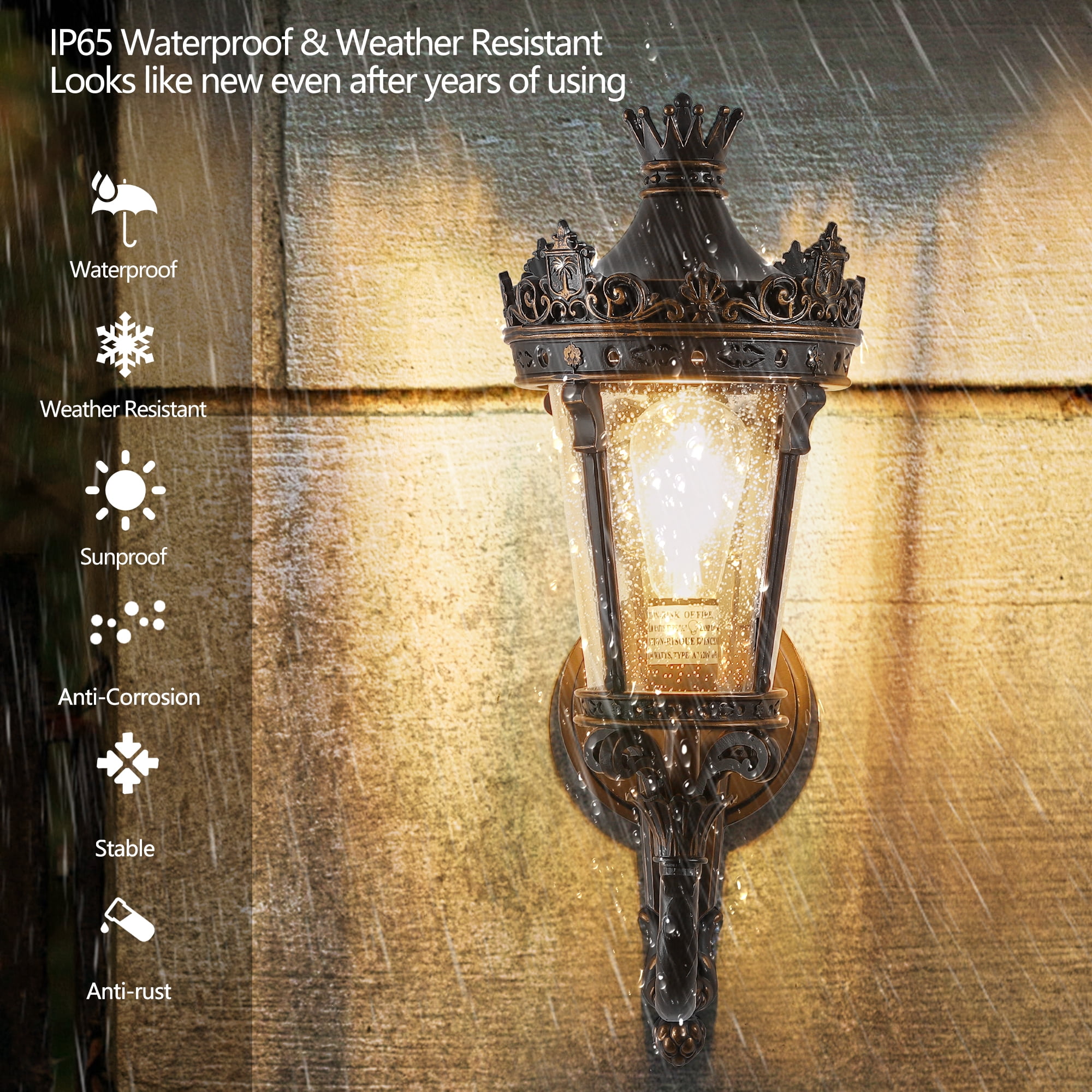 Leumius 21"(H) Vintage Outdoor Wall Lantern, Waterproof Exterior Wall Sconce with Crown Top and Clear Glass, Decorative Outdoor Lighting Fixture for Patio, Garden or Entryway (One piece&No bulb)
