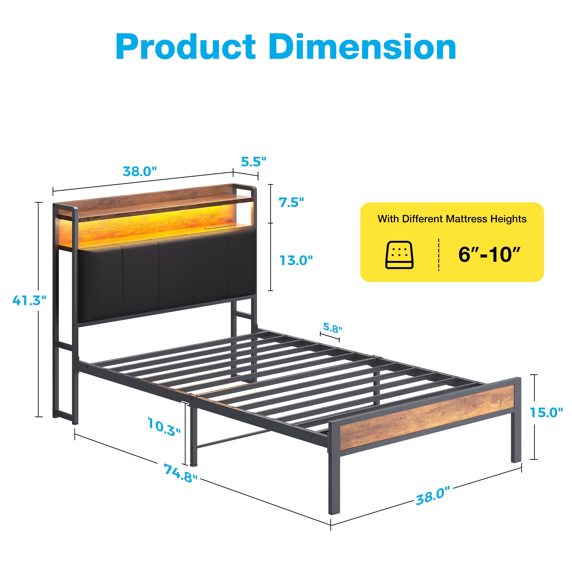 Bed Frame Twin Size with Storage Headboard, Upholstered Platform Bed with Charging Station and LED Light, Heavy Duty Frame Support, No Box Spring Needed, Noise Free, Vintage