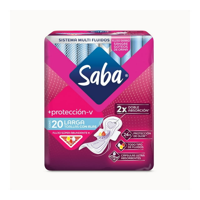 Toallas femeninas Saba protección-v larga con alas flujo súper abundante 20 pzas