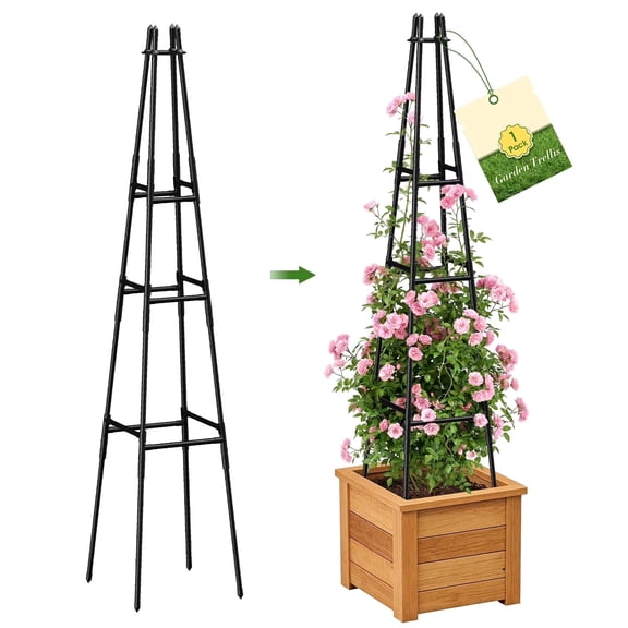 Garden Trellis for Climbing Plants Outdoor, 65inch Tall Rustproof Black Metal Obelisk Trellis Support for Potted Vines Vegetable Plants Indoor Outdoor, Antislip, Easy to Install 1PC