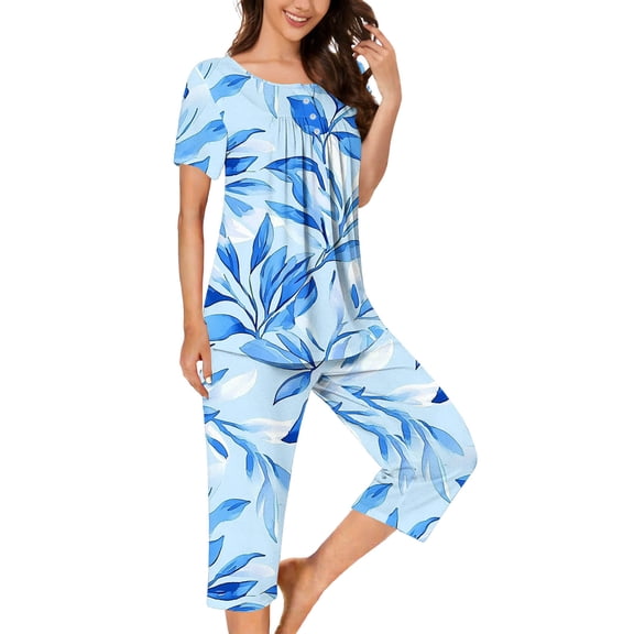 Cute Capri Pajamas for Women Floral 2 Piece Loungewear Pleated Henley Shirts Wide Leg Capris Fall Sleepwear Set Light Blue, 2XL