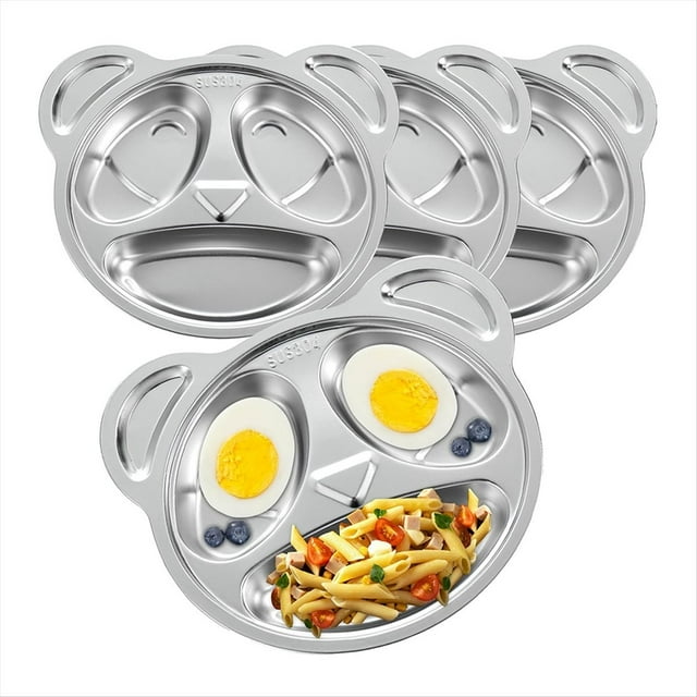 Paquete de 4 Platos Divididos Acero Inoxidable, Metal, 3 Secciones, Panda para Comedores Quisquillosos, Adultos y Niños, Dieta