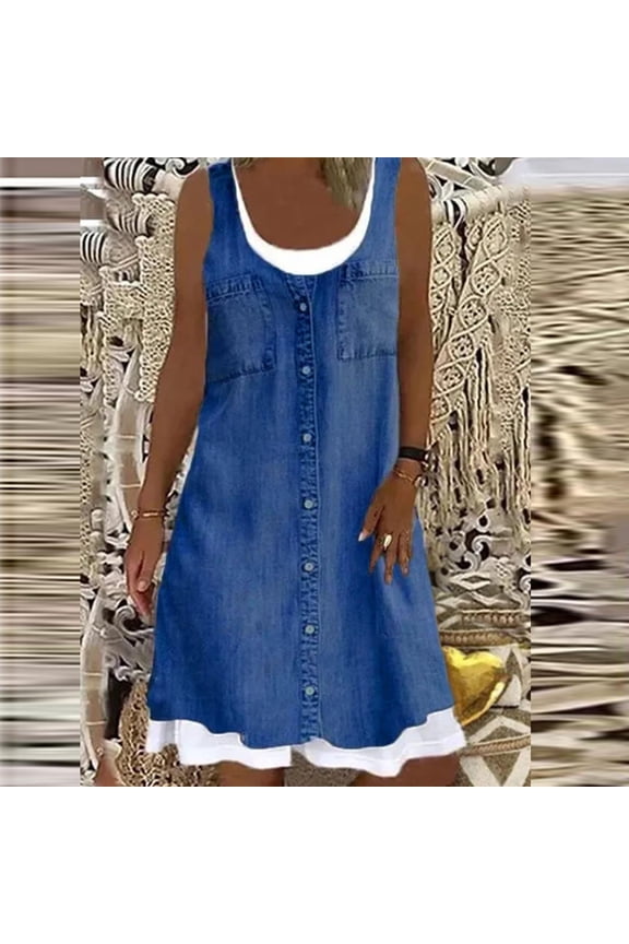 Summer Denim Shirt Dresses for Womens Sleeveless Floral Printing Loose Fake Two-Piece Jean Midi Dress Button Down Casual Shift Dress Tunic Top