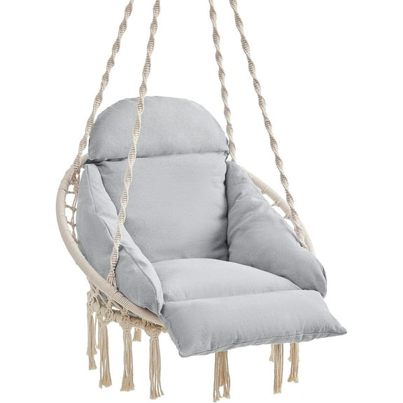 Nordic Hygge Hammock Chair with Large, Thick Cushion, Boho Swing Chair for Bedroom Holds up to 264 lb, Cloud White and Gray
