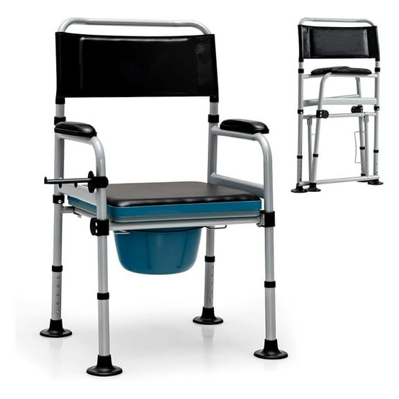 Folding Commode Chair, Height Adjustable Shower Chair w/Large Commode Bucket, Padded Seat, Backrest, Towel Holder, Heavy Duty Bedside Commode for Elderly Rehabilitating People, 440 LBS