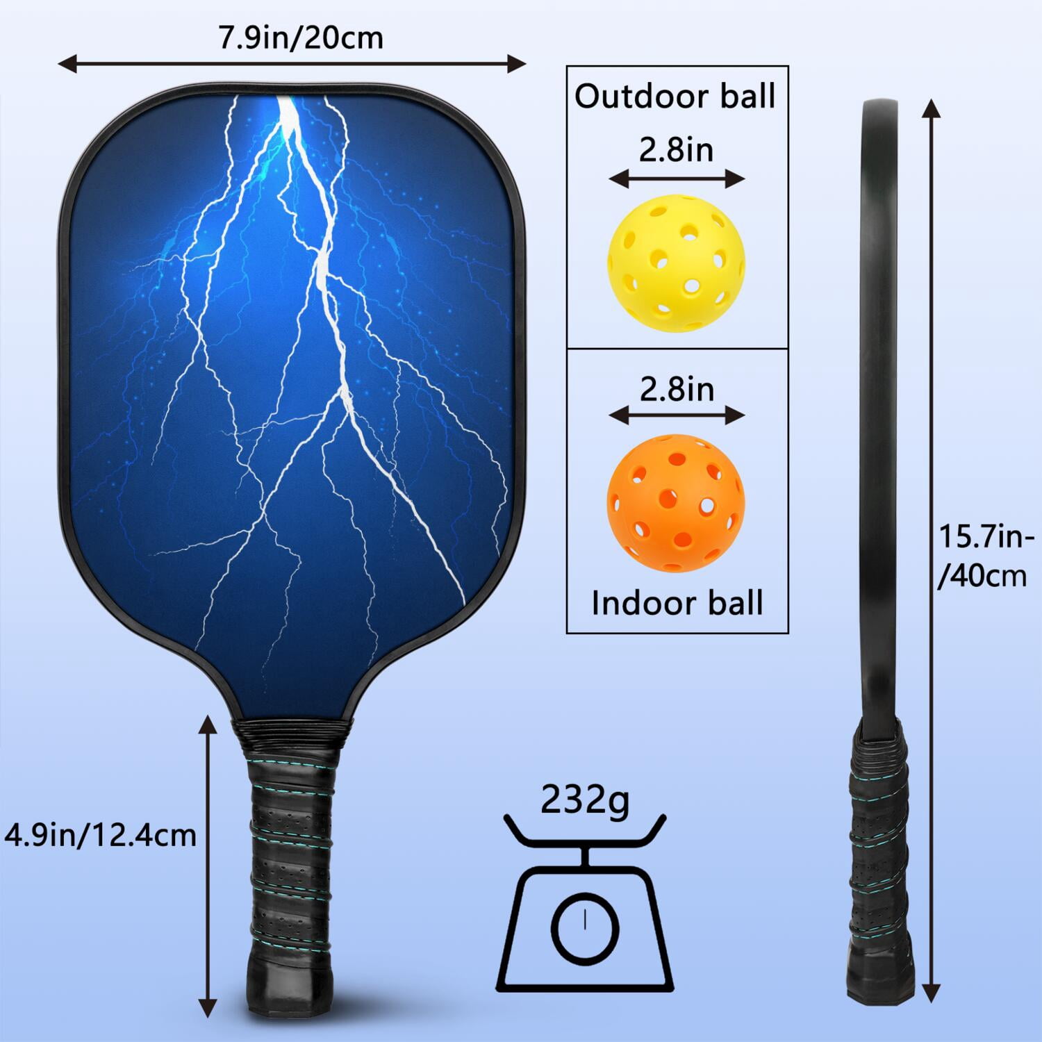 Pickleball Paddles Set Of 2, Fiberglass Surface, Thunder, Speed Print, 4 Balls & Bag