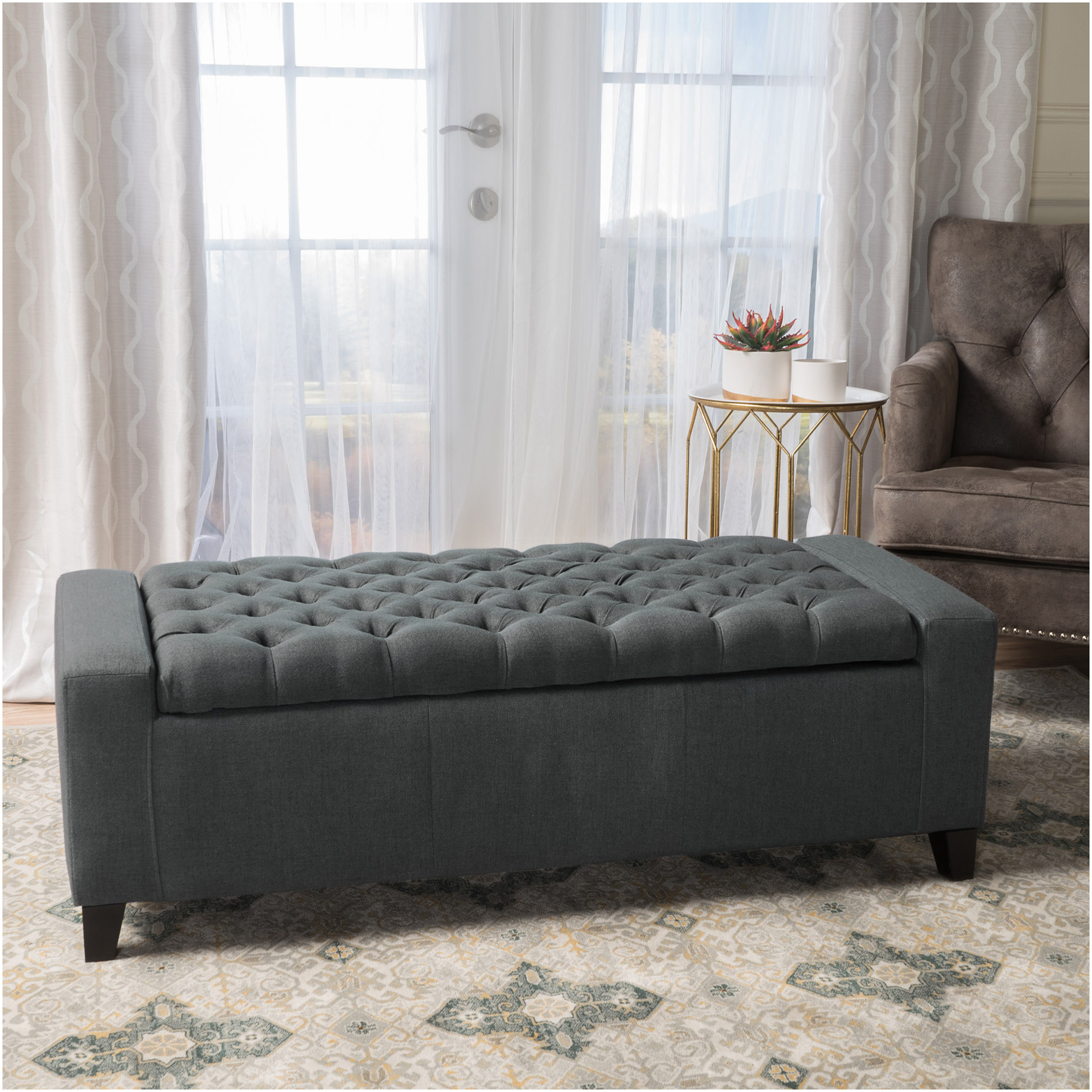 JERFIT Dark Gray Fabric Storage Ottoman Bench with Tufted Top, Multi-Functional Footrest Seat and Hidden Storage Chest for Living Room, Bedroom