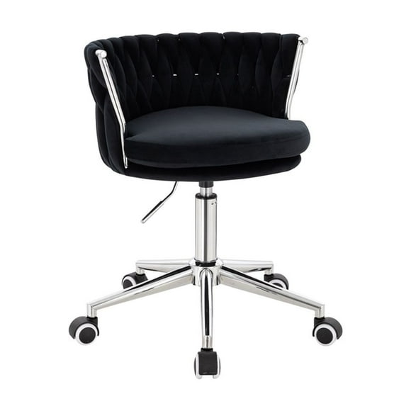 Silla para tocador con ruedas, en terciopelo diseño trensado, altura ajustable, giratorio, acolchonado, estructura cromada, vanguardista, SKU EL19172-1 CH NEGRO TERCIOPELO
