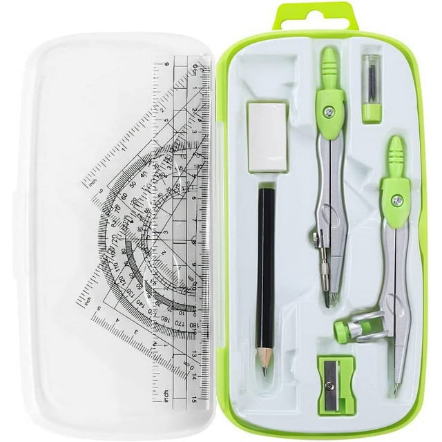 This 10-piece math and geometry set for students includes a shatterproof storage box, a ruler, protractor, compass, eraser, pencil sharpener, pencil lead, and pencil for drawing and drafting.,Green
