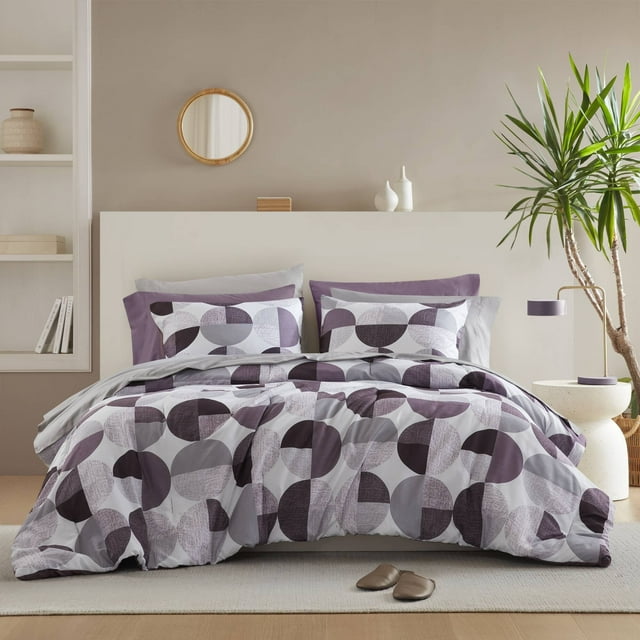 Regency Heights Ensemble de Douillette Format Grand Lit, Ensemble de Lit 9 Pcs Grand Lit, Ensemble de Literie à Imprimé Géométrique Rond avec Draps, Violet