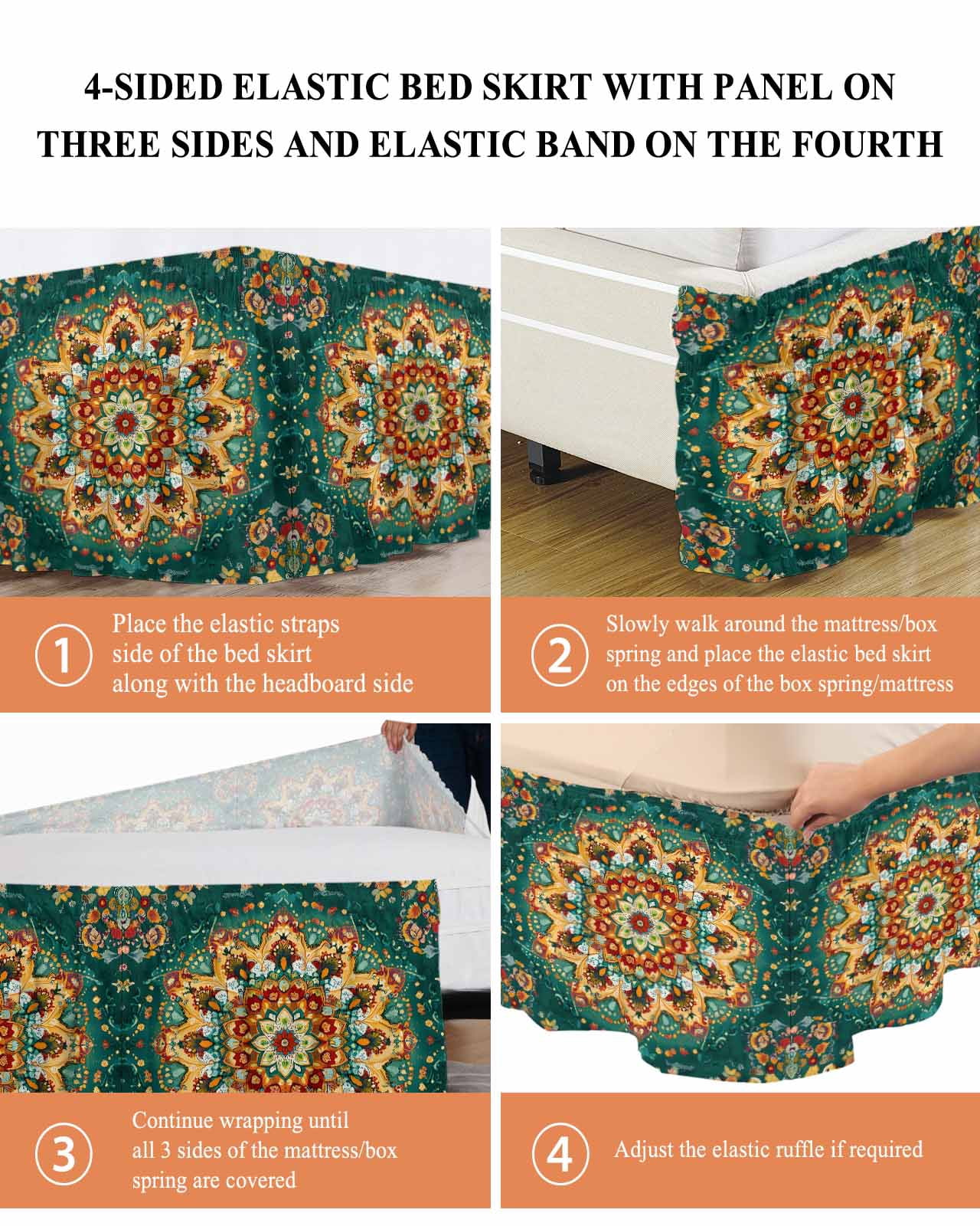 Boho Flower Wrap Around Bed Skirts for Queen Bed 16" Drop,Bed Skirt with Adjustable Elastic Belt Dust Ruffle Bed Valance for Bedroom Hotel Yellow Green Bohemian Colorful Medallion Bed Frame Cover
