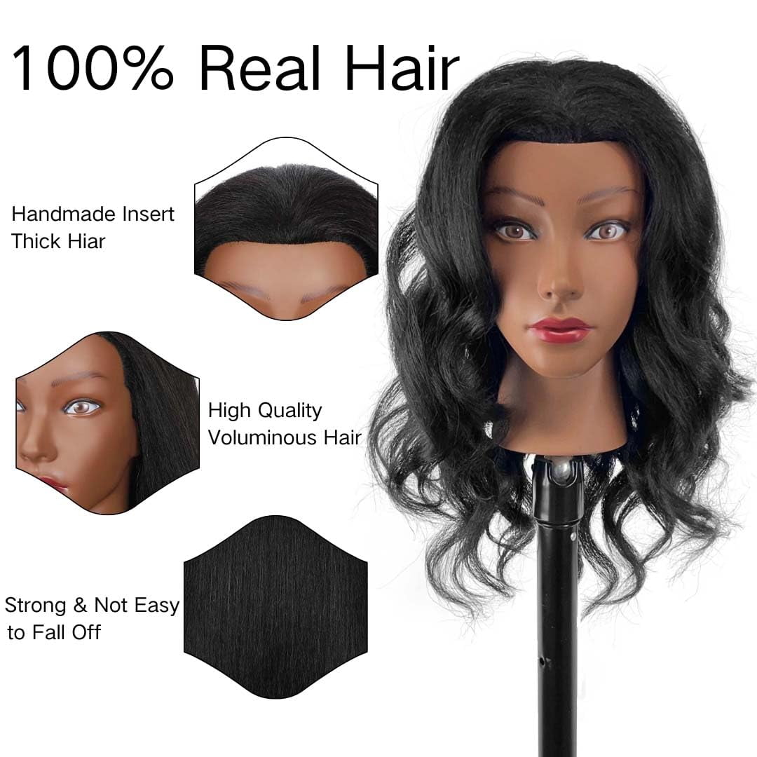 16"  Mannequin Head Human Hair, 100% Real Hair Cosmetology Manikin Doll Head for Hairdresser Practice Braiding with Free Clamp Holder and Tools (16 Inch)