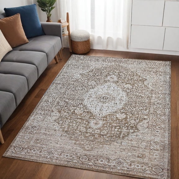 HomeRoots 5' X 8' Beige Oriental Power Loom Distressed Stain Resistant Area Rug