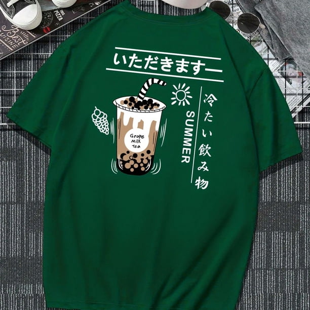 Japanese Kanji Milk Tea, Men's Casual Slightly Stretch Crew Neck Graphic Tee, Male Clothes For Summer