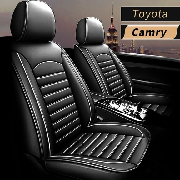 AOMSAZTO Car Seat Cover Fit For Toyota Camry 2005-2017 Black & White Line Faux Leather 5-seat Auto Full Set Suitable For Detachable Rear Headrest