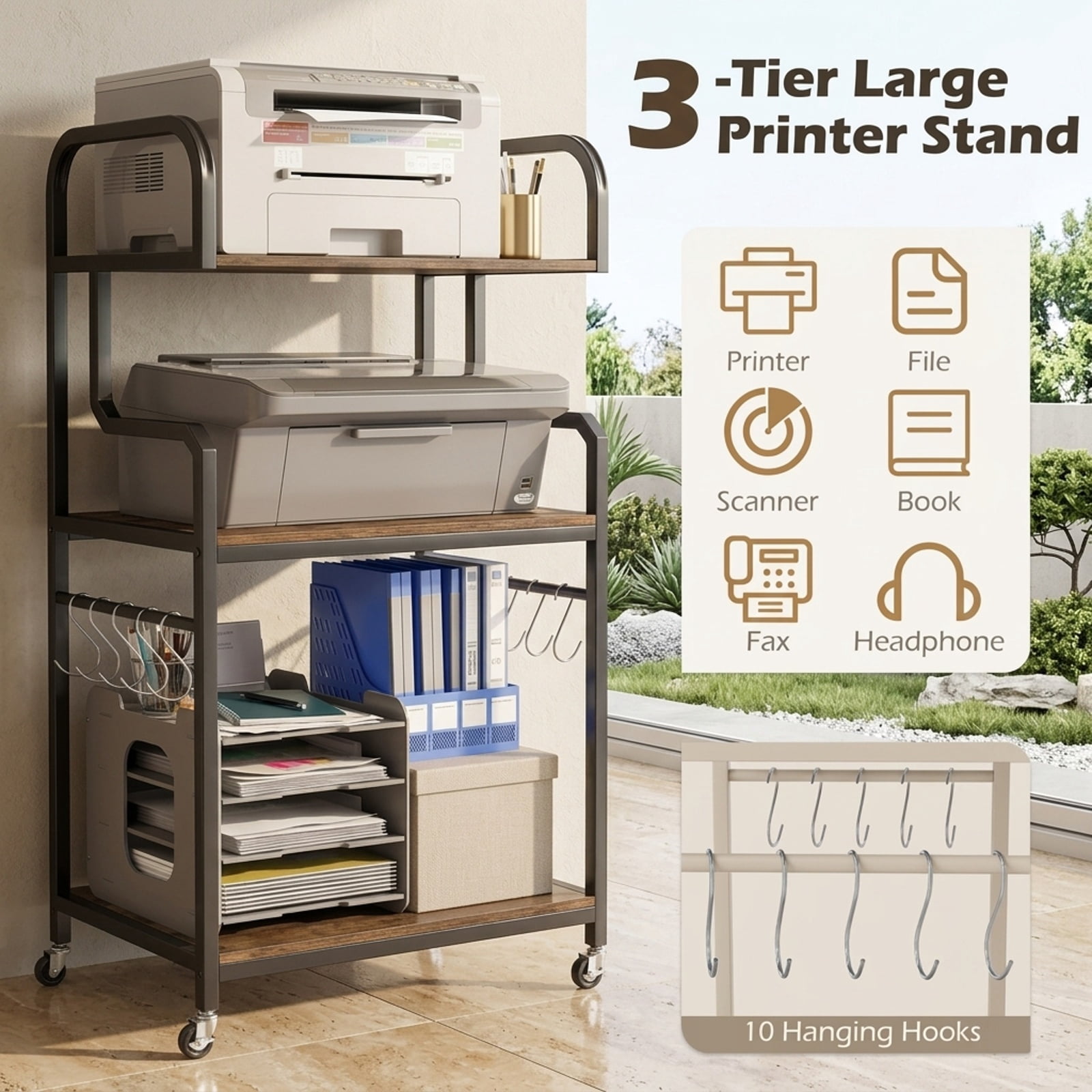 Furnibear 3-Tier Rolling Printer Stand Home Office Large Printer Cart with Storage Shelves for Home Office Printer Machine Under Desk, Rustic Brown