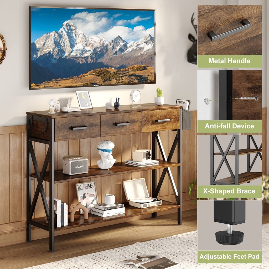 Aiho 47 "L Console Table  with Drawers, Entryway Table with Storage Shelves, Sofa Table for Living Room, Entryway - Rustic Brown
