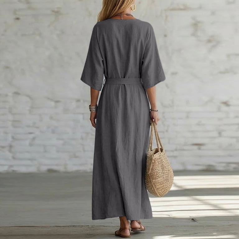 casual plus size boho maxi dresses Uscallm Women V Neck 3/4 Sleeve Tie Flowy Dress Basic Long Travel Dresses, Navy 3XL Black Lace Sheath Dress nyedress occasion-New Years Eve Diameter:8mm (~130 beads per strand) generous and decent