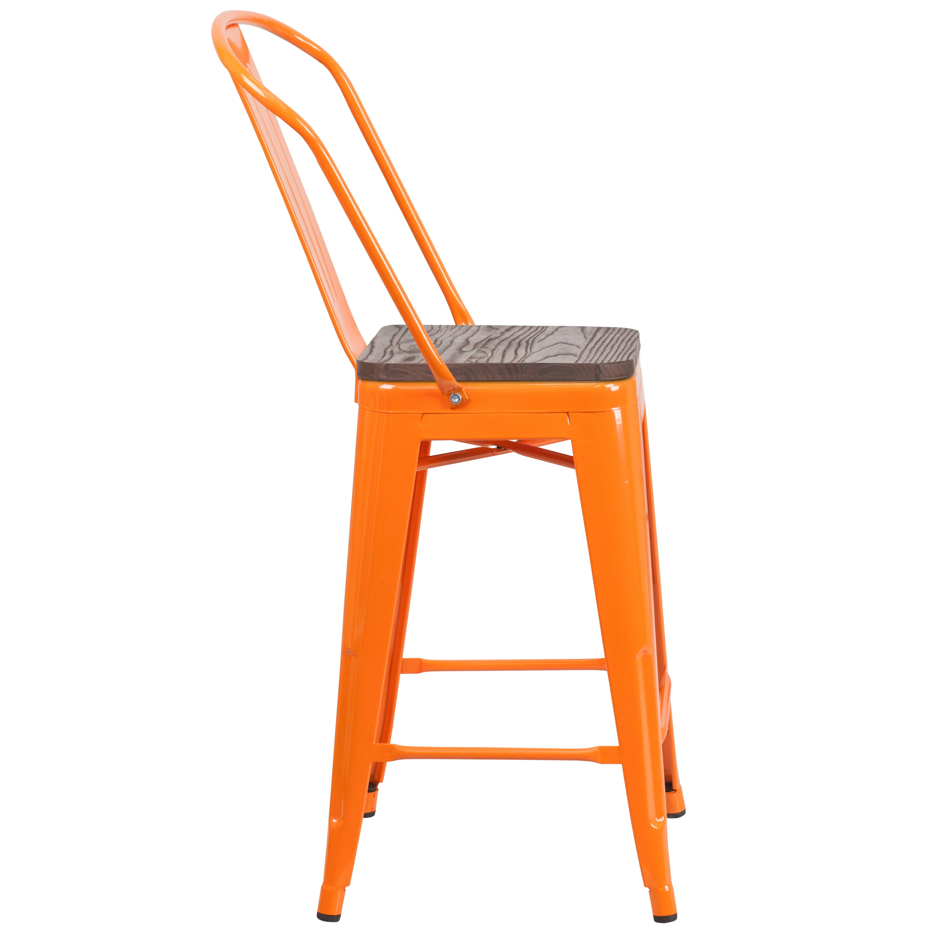 Flash Furniture Lily 24" High Orange Metal Counter Height Stool with Back and Wood Seat