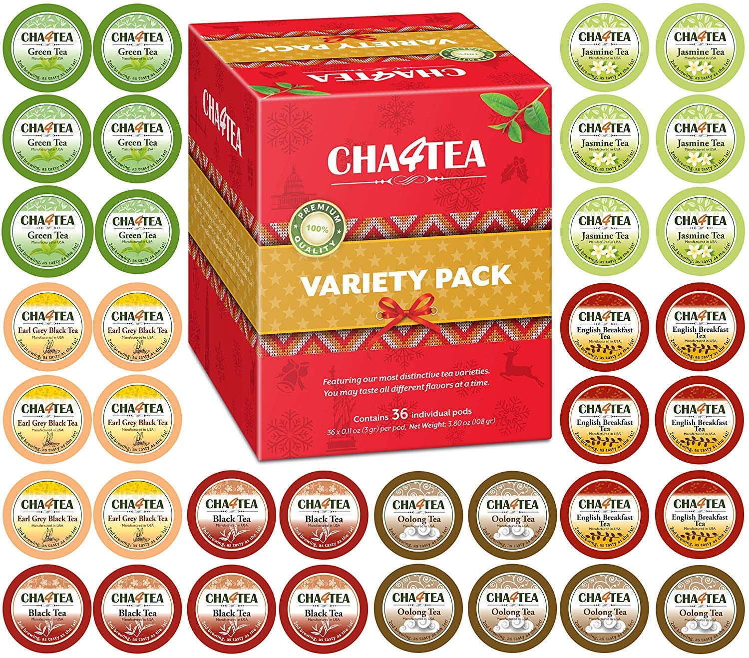 Cha4TEA Variety Tea Sampler Pack for Keurig KCup Brewers, Multiple
