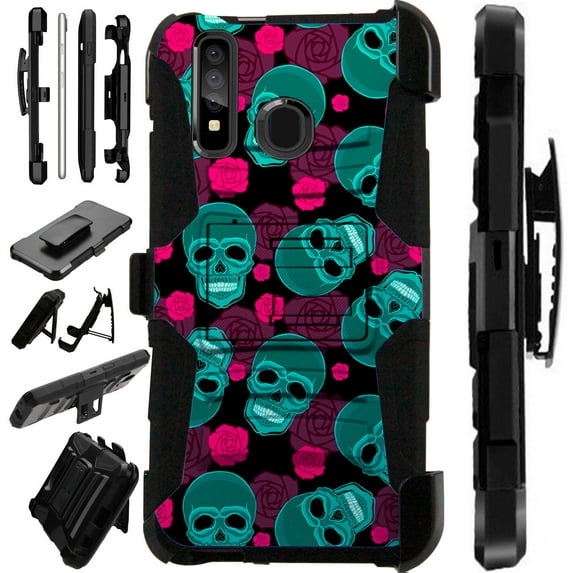 Compatible Samsung Galaxy Note 10 Case Armor Hybrid Phone Cover LuxGuard Holster (Teal Skull Pink Roses)