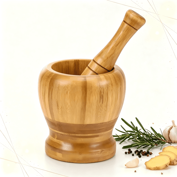 Bamboo Mortar and Pestle Set, Flat Bottom Spice Grinding Tool, Ideal for Garlic, Herb, Nut and Guacamole Prep, 4 Inch