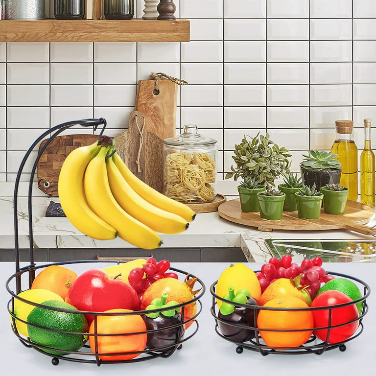 Bextsrack 2 Tier Hanging Fruit Baskets with Banana Holder in Kitchen for  kitchen,(Bronze)
